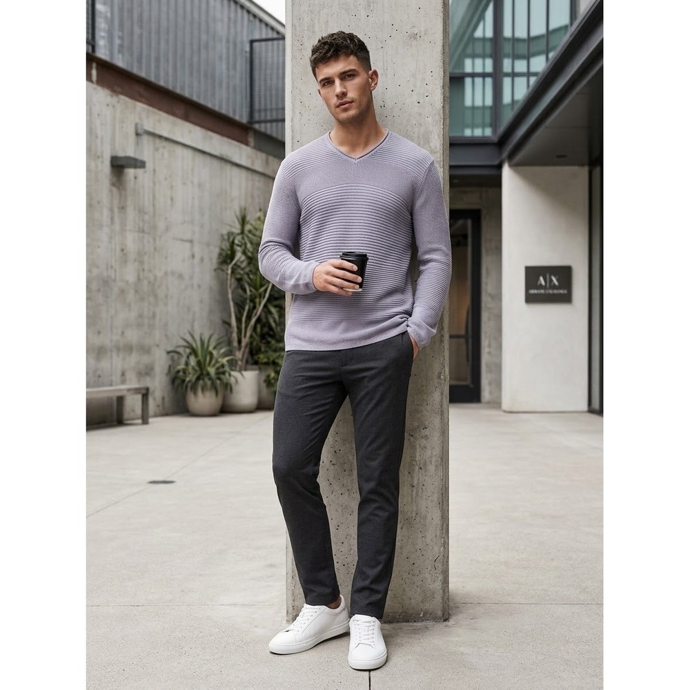 Armani Exchange Mens Ribbed V-Neck Sweater Purple Cotton Rayon Blend Large